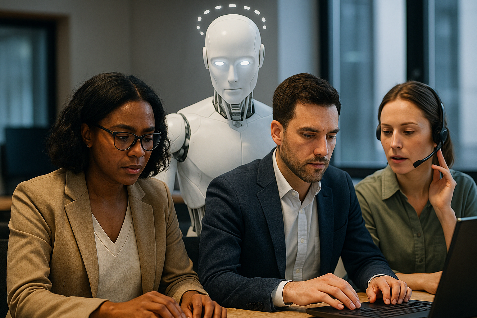 Illustration réaliste des intégrations de l'IA dans les métiers des conseillers humains concentrés assistés par une intelligence artificielle centrale dans un bureau moderne